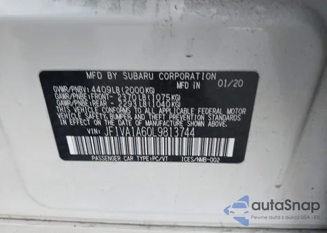 2020 Subaru Wrx из США, поврежденный, VIN JF1VA1A60L9813744